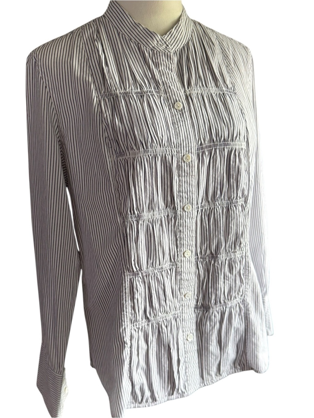 Charter Club Black/Gray & White Striped Ruched Button-Down Blouse